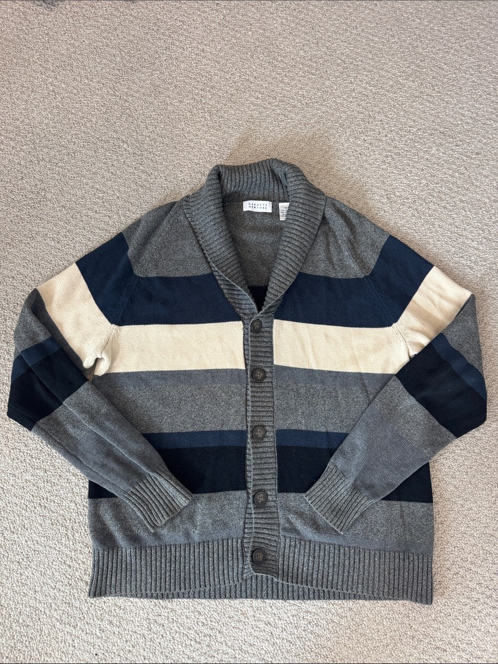 Barneys New York Gray, Navy & Cream Shawl Collar Summer Cotton Cardigan